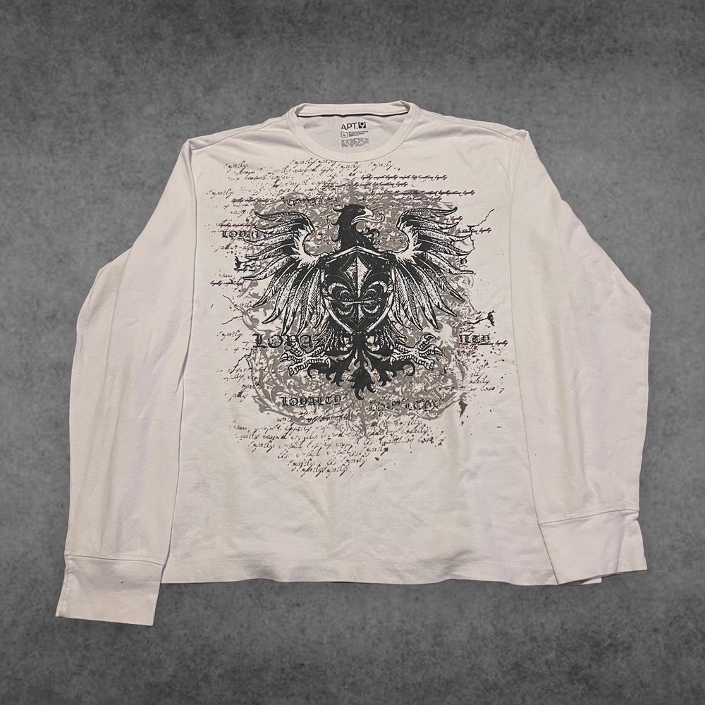 Apt 9 Mens XL Long Sleeve Shirt Y2K Grunge Eagle Crest Graphic Tee Cream White